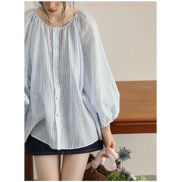 

french blue striped cotton and linen shirt for women design sense niche loose doll unique puff sleeve versatile, White