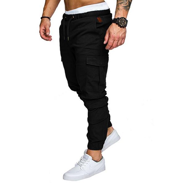 

men casual joggers pants solid thin cargo sweatpants male multi-pocket trousers new mens sportswear hip hop harem pencil pants290w, Black