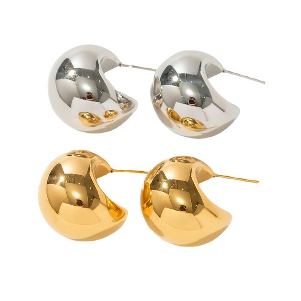 

new style 18k gold plated stainless steel hollow party jewelry c-shaped chunky hoop earrings for women, Silver