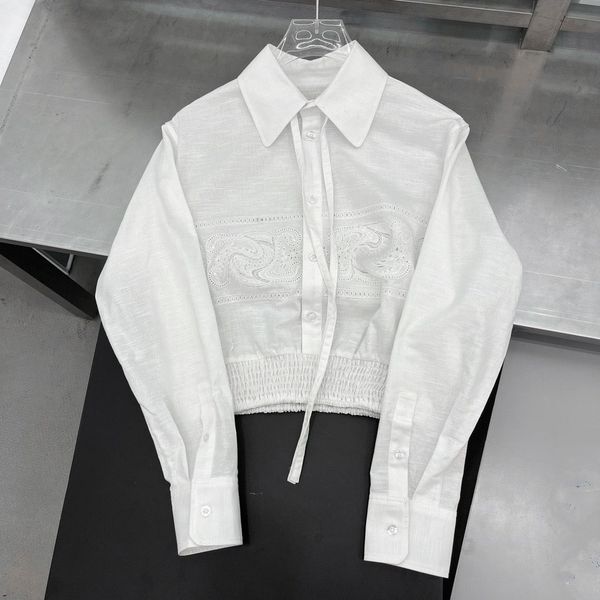 

2023 design 2 colour women's lapel hollow out embroidery shirts women long sleeve casual single breasted loose blouse, White