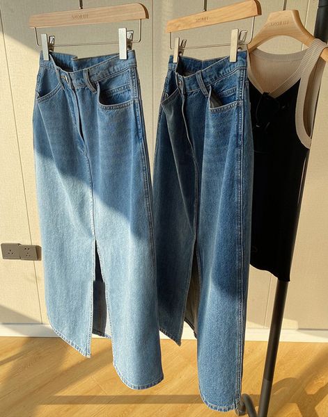 

women's casual denim skirt high waist split front long jean skirts, Black