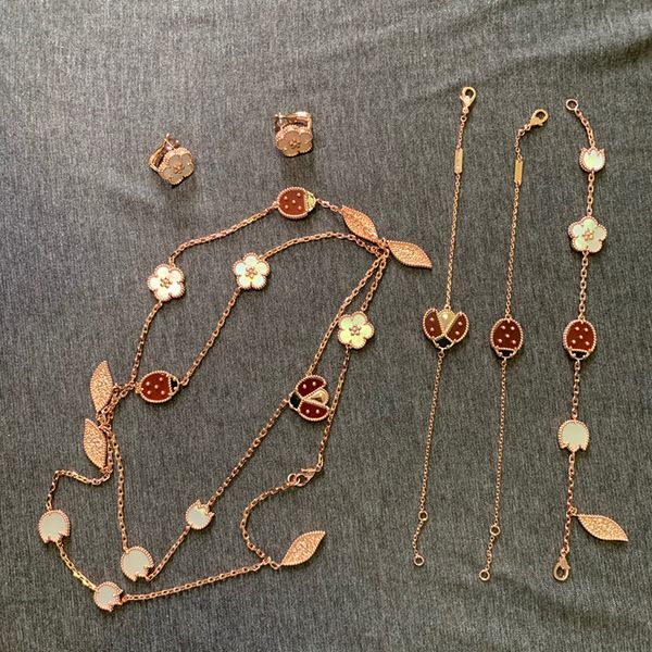 

new brand pure 925 sterling silver jewelry women mother of pearl ladybug wedding jewelry set earrings necklace bracelet luxury, Black