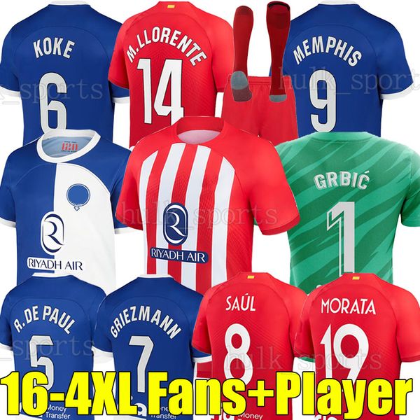 

4xl 120th griezmann soccer jerseys 23/24 joao felix koke morata m. llorente correa memphis camiseta football shirt men kids kits r. de paul, Black;yellow