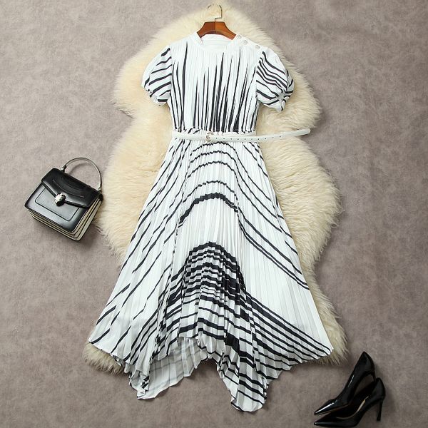 

european and american women's clothing 2023 autumn new short sleeve printed striped belt fashion pleated irregular dress, Black;gray