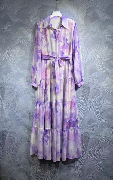 

high-quality autumn runway style printed long shirt dress with belt, Black