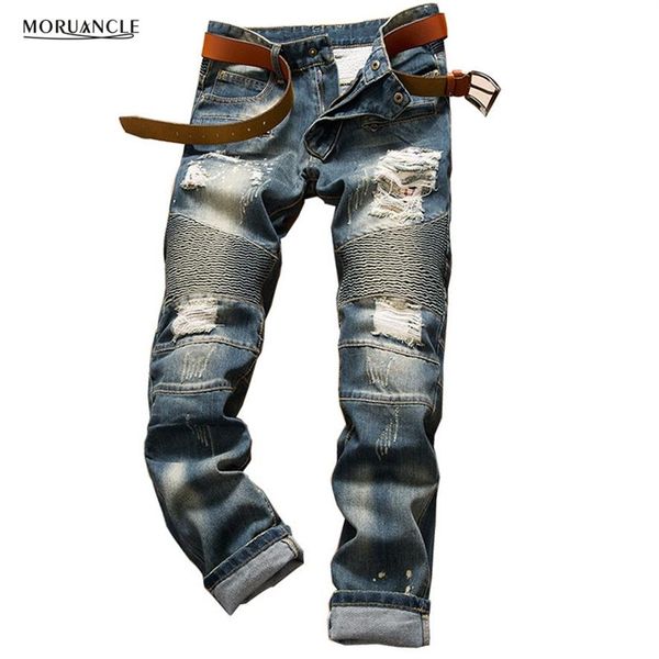 

whole- 2020 mens ripped biker jeans fashion distressed denim joggers for man streetwear destroyed moto jeans pants trousers216e, Blue
