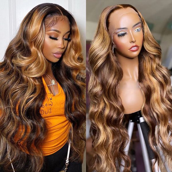

Blonde Ombre Body Wave Lace Front Wig 180%density HD Highlight Wig Human Hair Brazilian Glueless Wig 360 Full Lace Frontal Wigs for Women al s, 4x4 lace wig