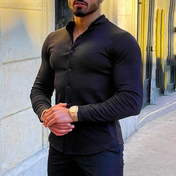 

men's casual shirts casual solid color long sleeve slim shirt mens leisure buttoned stand collar cardigan 2023 spring summer men cloth, White;black