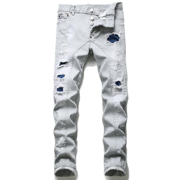 

men ripped slim fit jeans skinny straight leg washed frayed motocycle denim pants hip hop stretch biker men's trousers 1202316f, Blue