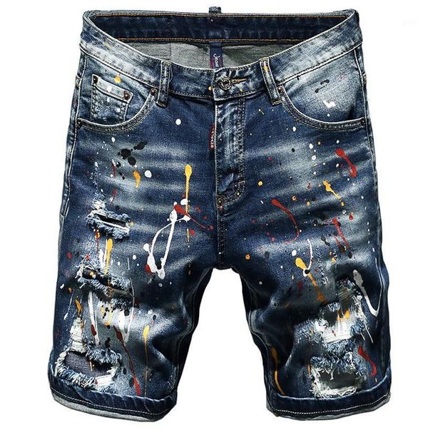 

summer short jeans men ripped torn stretch shorts printed male summer new hip hop streetwear hand painted paint five pants1267m, Blue