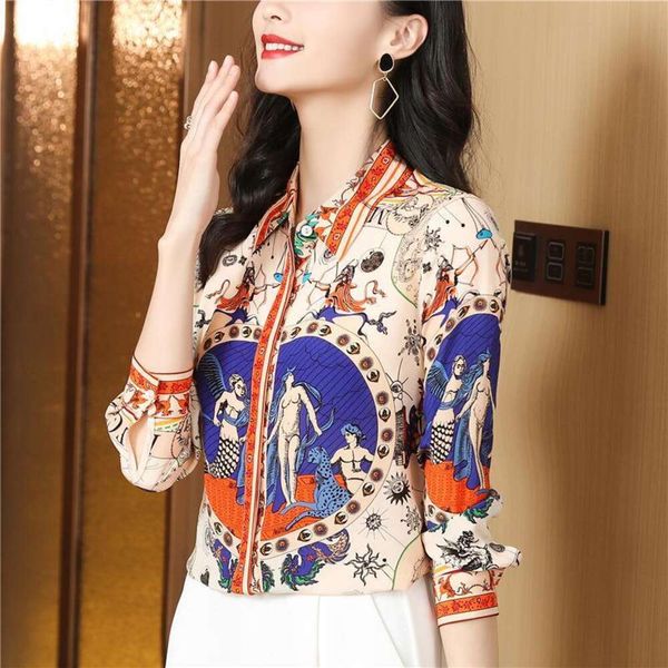 

crepe de chine silk shirt womens long sleeved spring fashion baroque printed mulberry top, White