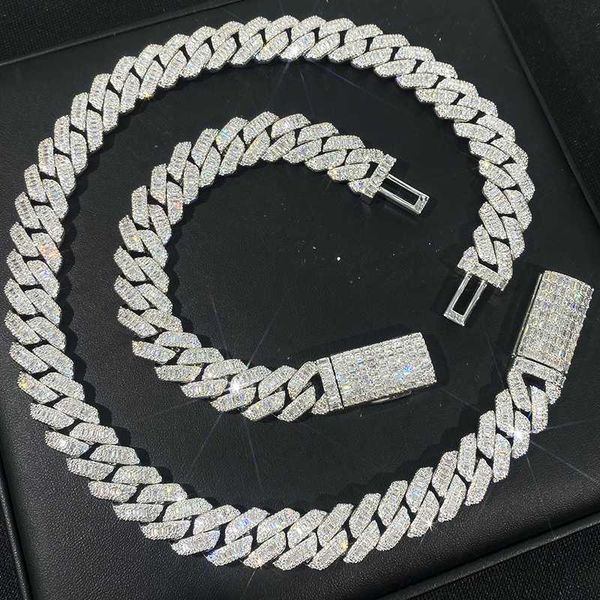 

rapper popular design baguette diamond bracelet s925 moissanite jewelry set luxury cuban chain cuban link chain necklace, Silver