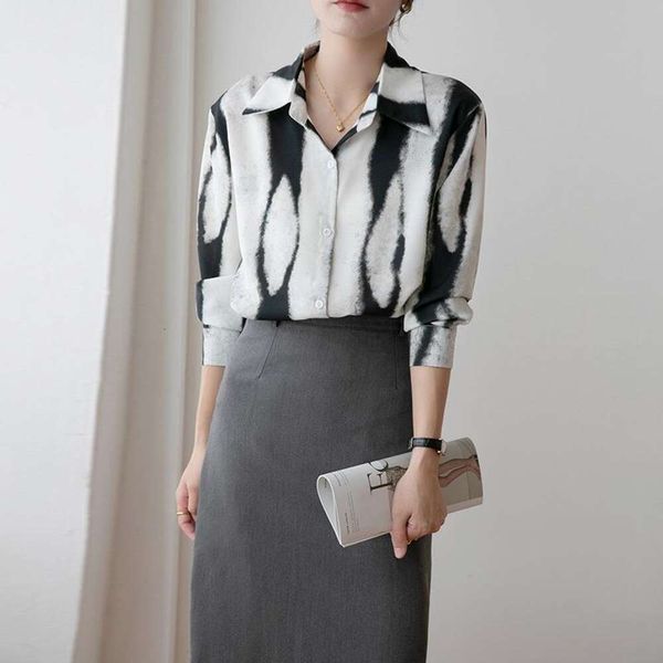 

autumn watermark long sleeved chiffon shirt for women casual fashion elegant and all match blouse, White