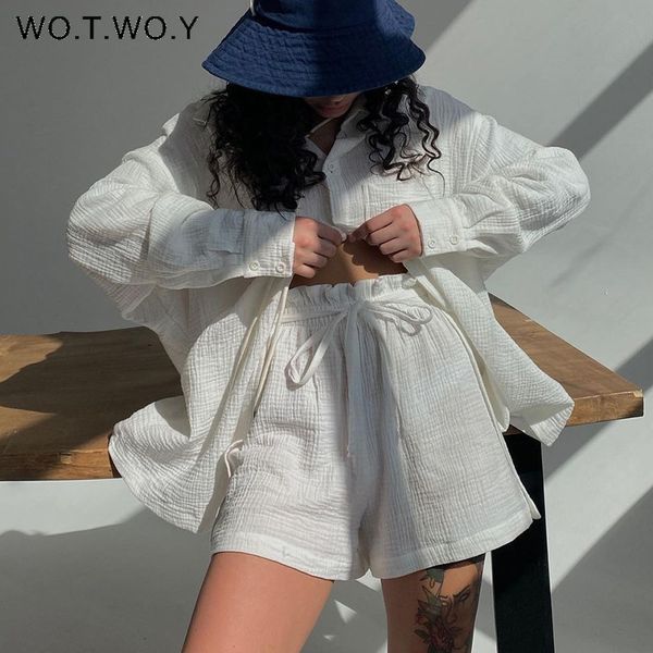 

women's two piece pants wotwoy casual cotton set summer long sleeve shirts with shorts female high waist loose tracksuits 2023 230812, White