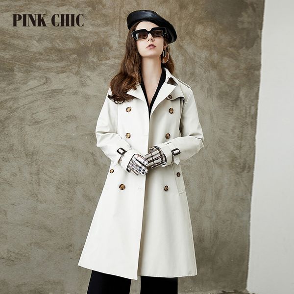 

women's trench coats pink chic spring autumn windbreaker mid length lapel collar women double breasted waist belt retro coat grace 667, Tan;black