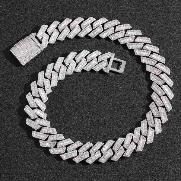

new arrival iced out chains 18mm baguette prong cuban link 3 row men's chunky moissanite cuban necklace in 18k gold plated, Silver