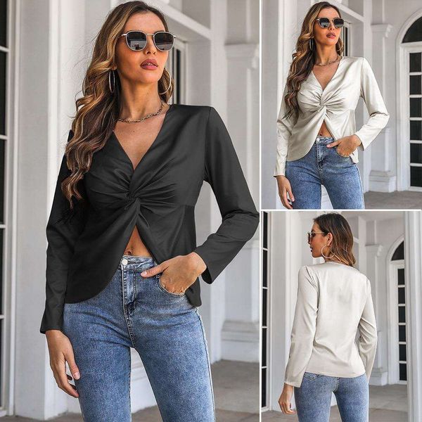 

knuckled satin shirt womens long sleeved autumn and winter clothing, White