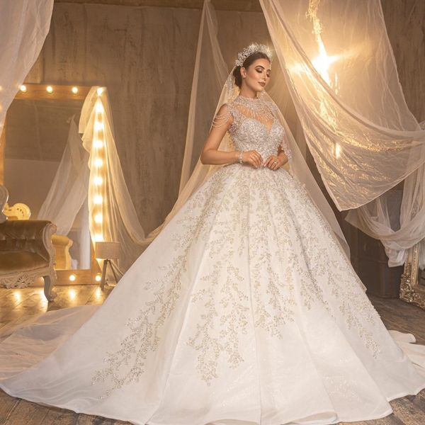 

gorgeous embroidery lace court train ball gown wedding dress luxury crystal beading high neck sleeveless princess bridal gown, White