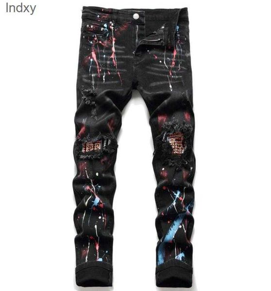 

designer men's jeans with stretch letter star men embroidery patchwork ripped for trend brand motorcycle pants for mens skinny, Blue