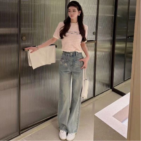 

2023 summer new denim straight leg pants mi women's pear shaped figure, high waist, slimming and covering flesh, high waist, versatile, Blue