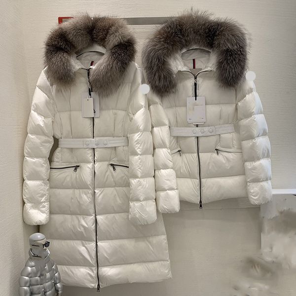 

designer women down parkas mid length embroidered badge with waistband slim fit and fur collar hooded women puffer jacket winter jacket, Black