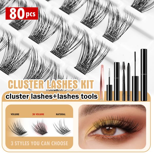 

false eyelashes easitension 80 clusters eyelash kit 3 styles lash with black glue adhesive clear raincoat faux mink cils 230812