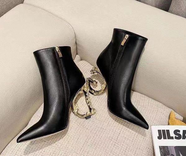 

letters heels high ankle boots outsole designer shoes sculpted 9cm high-heeled metallic side zipper square toe calfskin black leather d boot