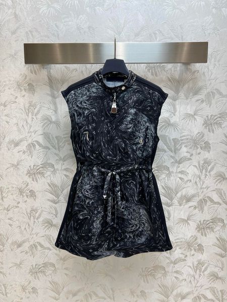 

new luxury brand fashion print pattern zip up lady playsuits women sleeveless lace-up belt high waist casual jumpsuit, Black;gray