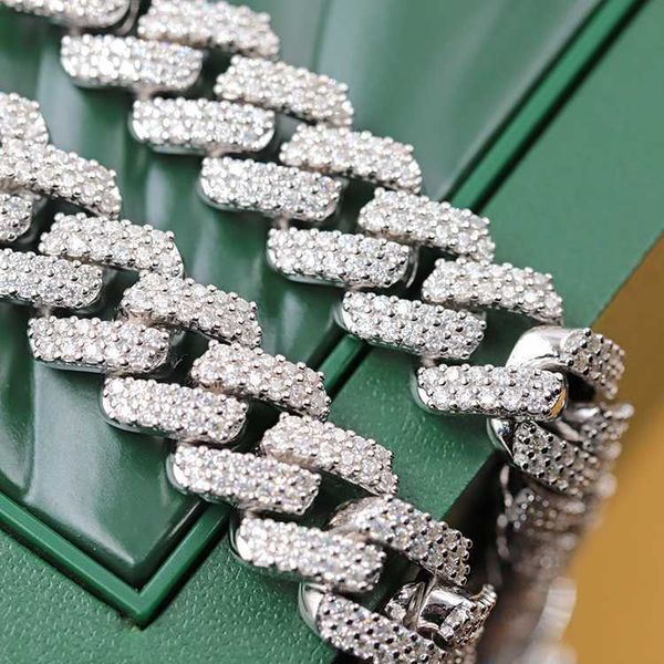 

wholesale price 13-15mm wide 2rows real 925 silver with 5a quality cz diamond hip hop link necklace for mans cuban chain