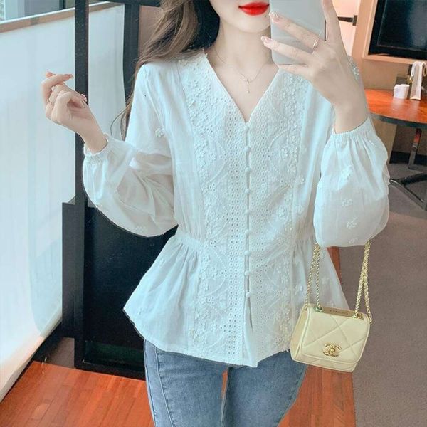 

embroidered chiffon blouse for womens blouses autumn wear style elegant t shirt lace patchwork long sleeved, White