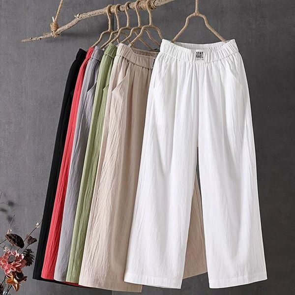 

womens pants capris lucyever summer elastic waist casual solid cotton linen ankle length female loose trousers 230812, Black;white