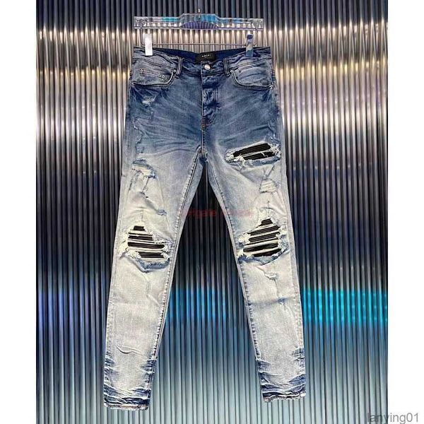 

designer clothing amires jeans denim pants amies washed damaged brushed with silver coating black combination leather blue slim fit distress