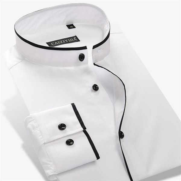 

men's dress shirts banded collar mandarin collar with black piping pocket-less design casual thin long sleeve standard-fit 202q, White;black