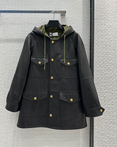 

2023 fashion designer leather hooded patchwork coat women pockets gold buttons loose streetwear cool long jacket, Black;brown