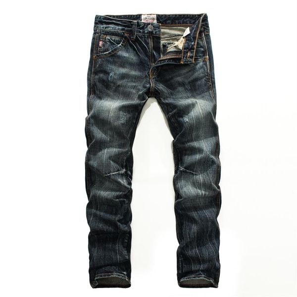 

trendy nostalgic frayed jeans men's retro vintage straight scratch washed black jean casual mid-waist youth long denim pants 273s, Blue