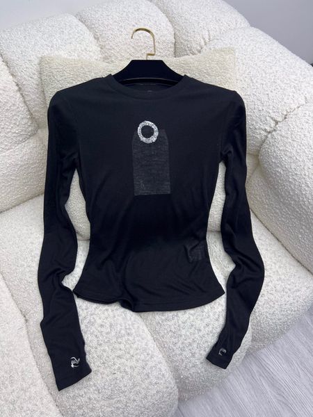 

2023 autumn luxury brand women's fashion 2 colour sequin t-shirt o-neck retro long sleeve tee solid loose casual all match, White