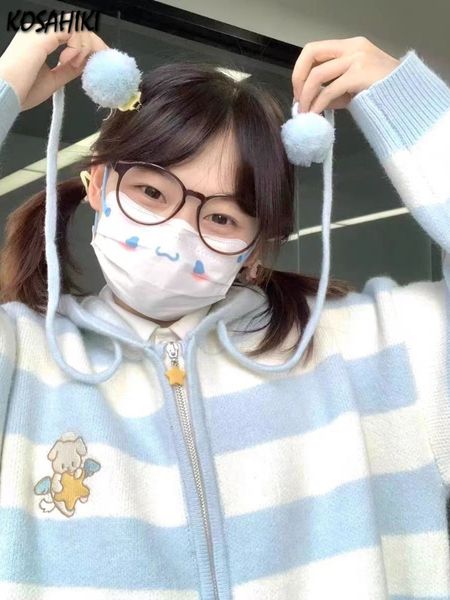 

women's sweaters kosahiki japanese kawaii cartoon dog embroidery knited cardigan women all match striped sweater jackets hooded coats k, White;black