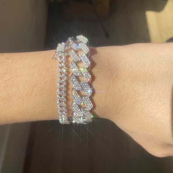 

925 silver iced out 3rows 15mm 18mm wide set fire moissanite diamond bracelet cuban link men chain