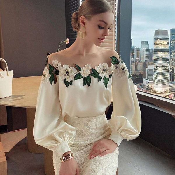 

design sense mesh stitching shirt spring womens heavy embroidery flower chic beautiful, White