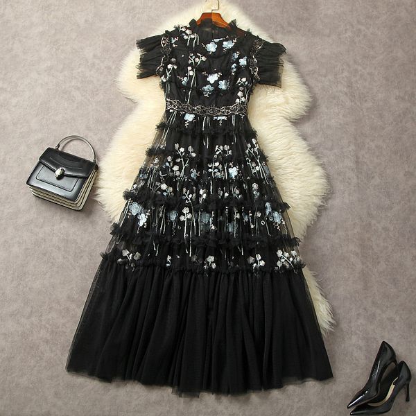 

european and american women's clothing 2023 autumn new short sleeve stand collar embroidered with black gauze fashion dress xxl, Black;gray