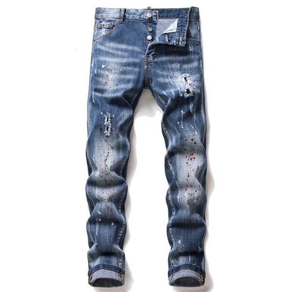 

unique mens painted slim fit jeans fashion designer skinny washed frayed motocycle denim pants hip hop biker trousers 1066299y, Blue