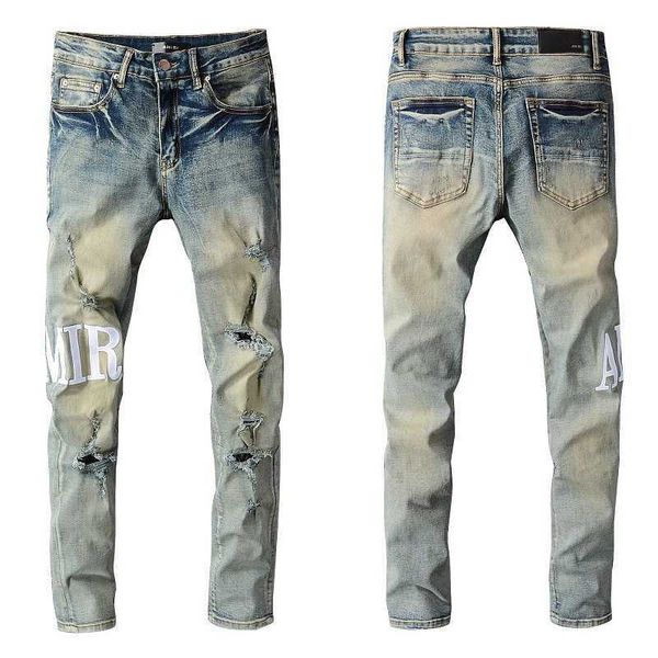 

men's jeans designer punk ripped pants pantalon homme for men retro old street fashion letter motorcycle, Blue