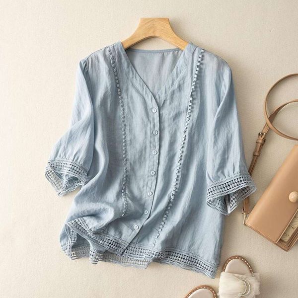 

official picture middle sleeves shirt cotton linen hooked flower for women summer art vintage temperament all, White