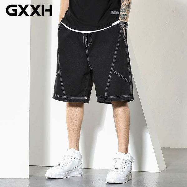 

men's pants korean streetwear jeans short straight wide leg shorts gxxh fashion man casual loose oversize color contrast denim 230812, Black