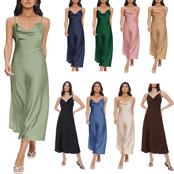 

women's dress skirt spaghetti strap cowl neck long slip satin silk midi dress casual slim belt skirt suspender skirt, Black