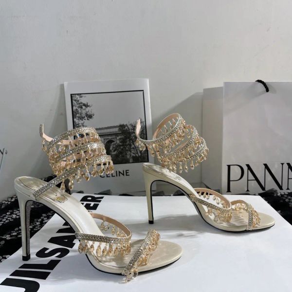

rene caovilla chandelier crystal-embellished sandals leather stiletto heels evening shoes women heeled luxury designers ankle wraparound sho, Black