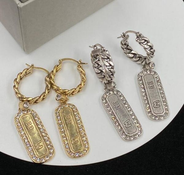 

fashionable hoop stud earring famous designer rhinestone letters dangle earrings geometry eardrop for women ladies weddings party jewelry gi, Golden;silver