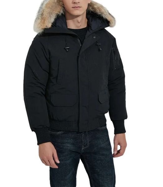 

mens parkas outerwear winter coats from canadian goose down jacket outdoor sports white duck windbreak parker long collar hat real wolf, Black