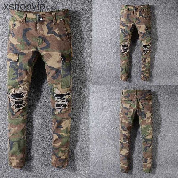 

men's jeans italian style men jeans army green camouflage patchwork casual pants slim fit brand streetwear stretch biker, Blue