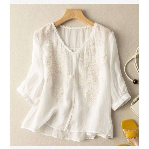 

summer thin large size shirts cotton linen blouse temperament loose beautiful for women middle sleeve, White